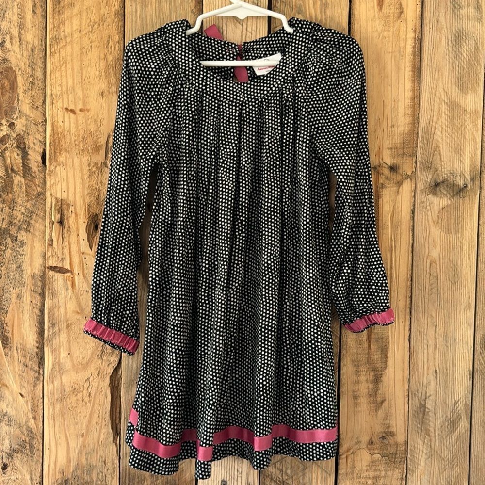 Hanna Andersson Girls Black Polka Dot Dress with Pink Ribbon Trim And Bow Size 4